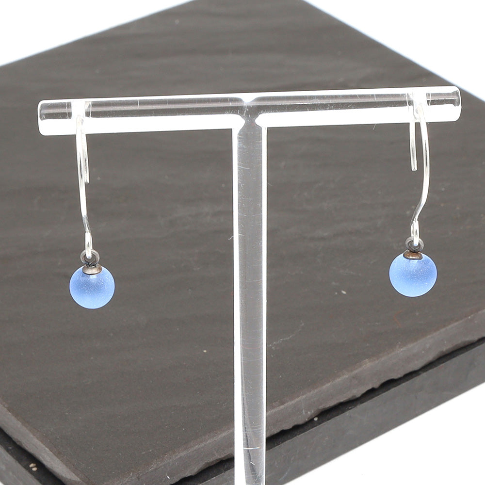 Frosted Mid Blue Tiny Ball Silver Hoop Earrings