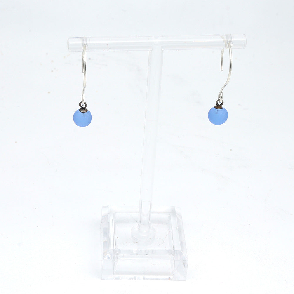 Frosted Mid Blue Tiny Ball Silver Hoop Earrings