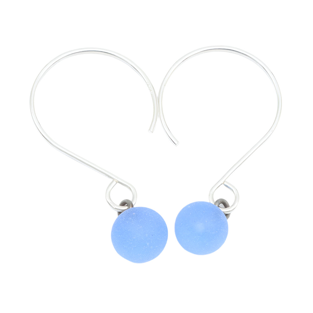 Frosted Mid Blue Tiny Ball Silver Hoop Earrings