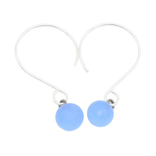 Frosted Mid Blue Tiny Ball Silver Hoop Earrings