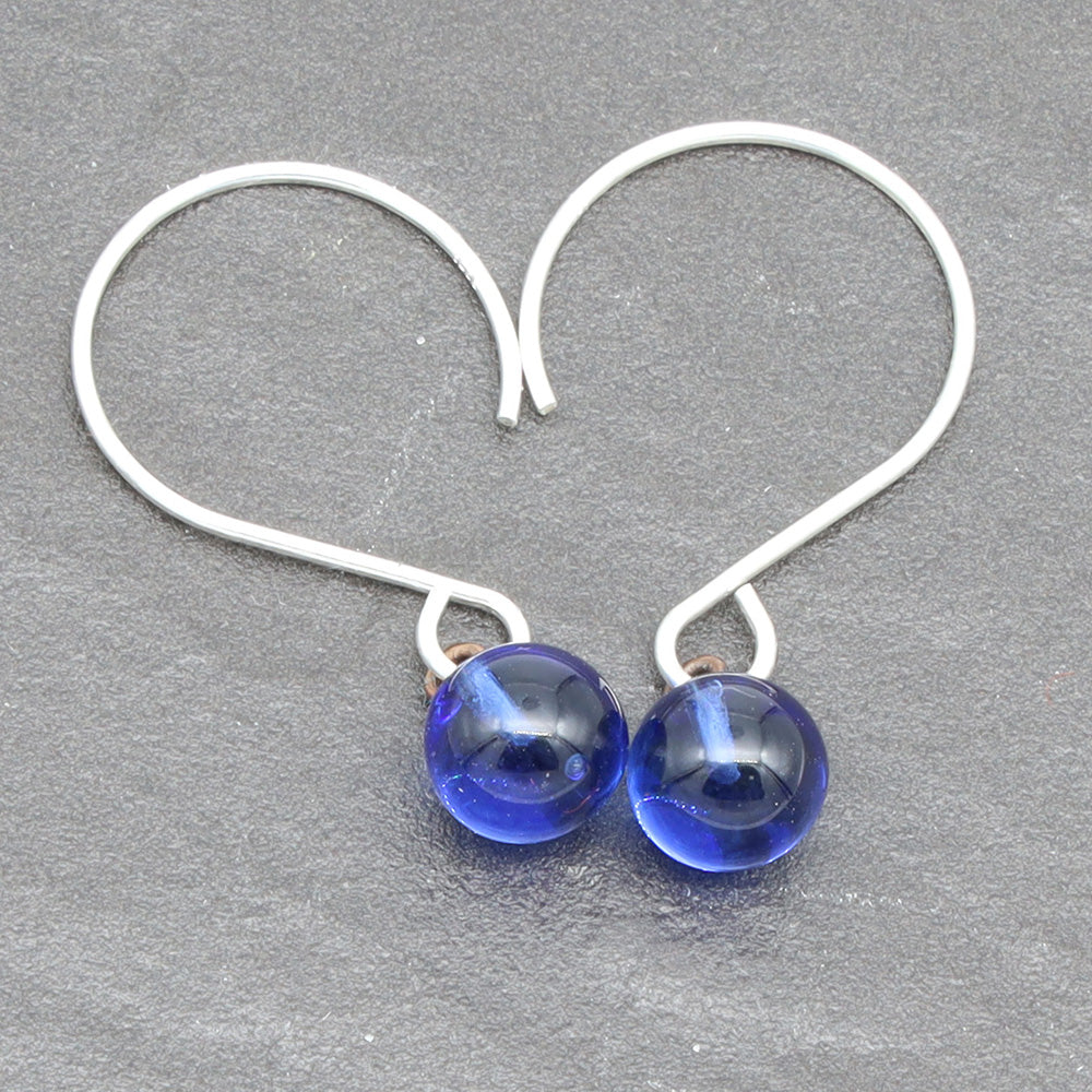 Shiny Mid Blue Tiny Ball Silver Hoop Earrings