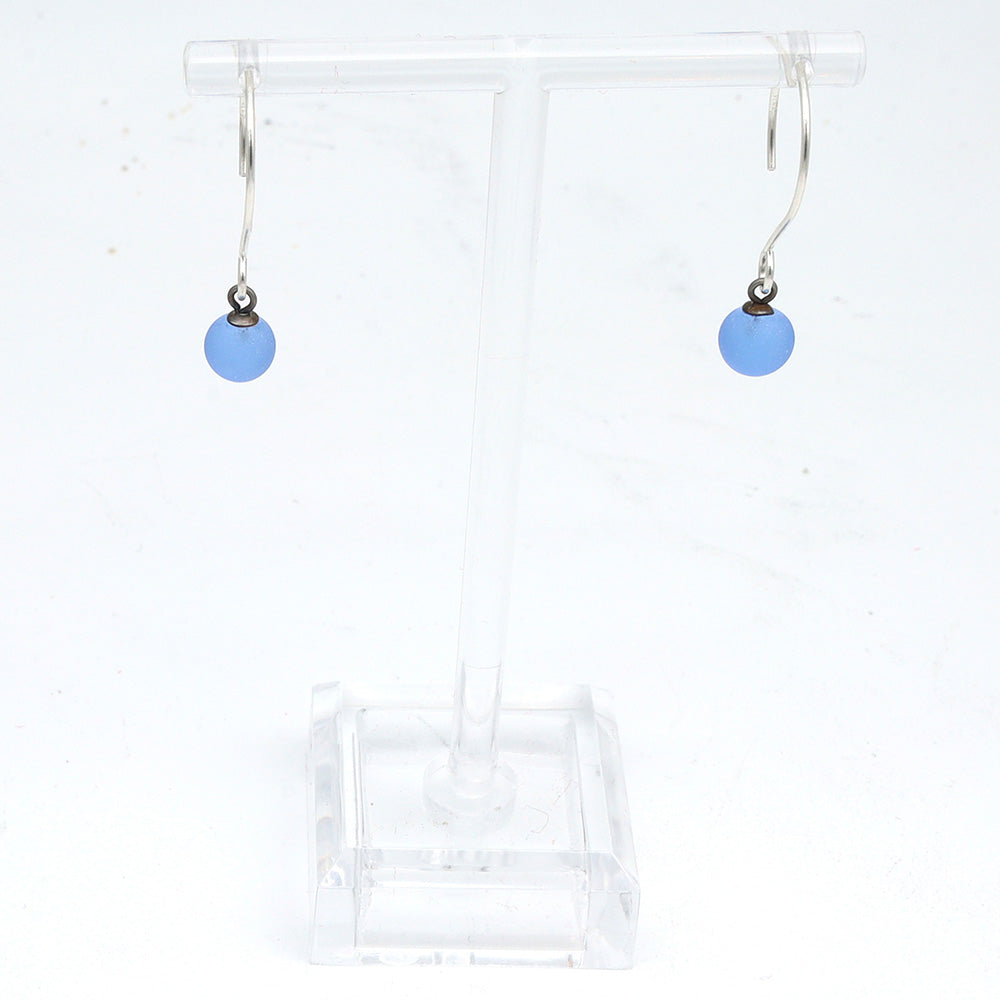 Shiny Mid Blue Tiny Ball Silver Hoop Earrings