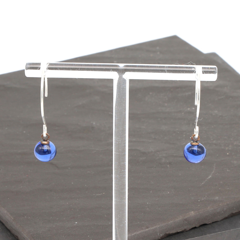 Shiny Mid Blue Tiny Ball Silver Hoop Earrings