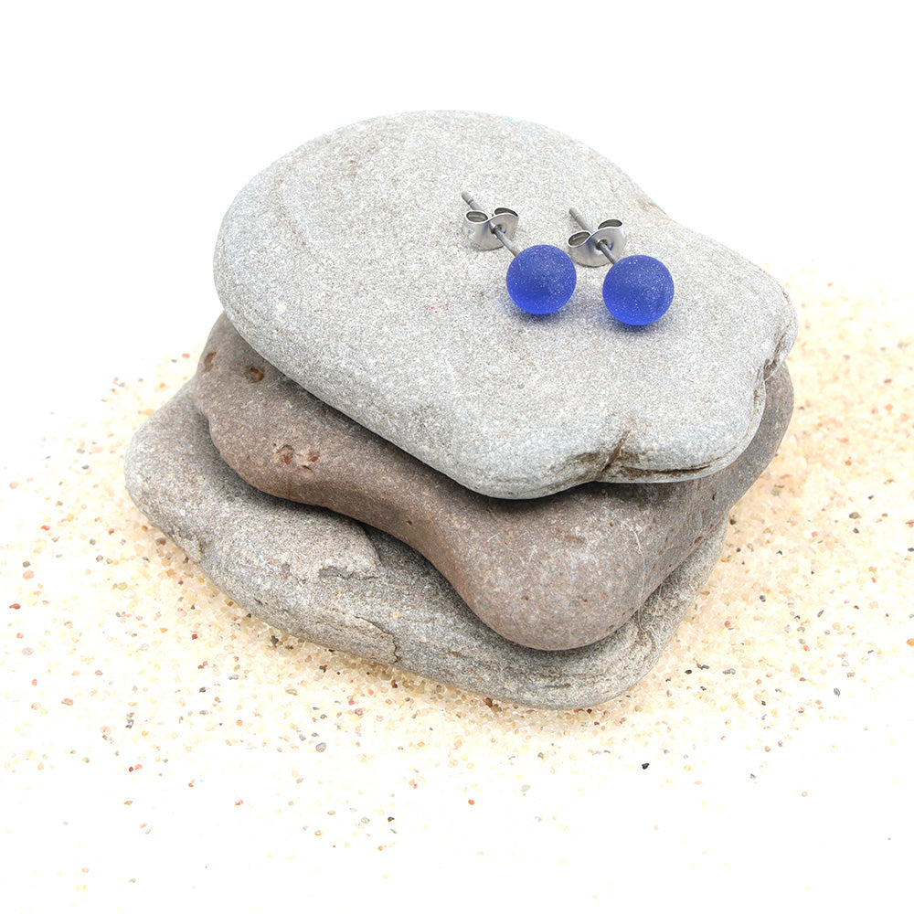 Frosted Transparent Mid Blue Glass Stud Earrings