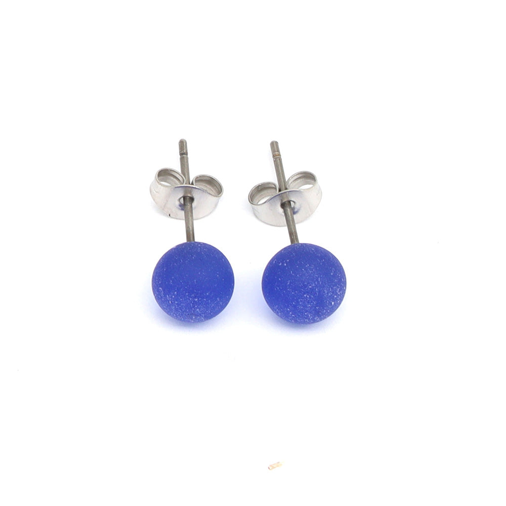Frosted Transparent Mid Blue Glass Stud Earrings