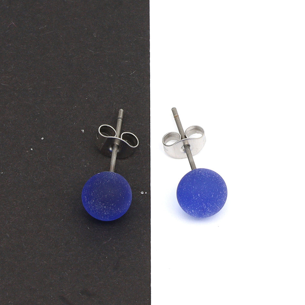 Frosted Transparent Mid Blue Glass Stud Earrings