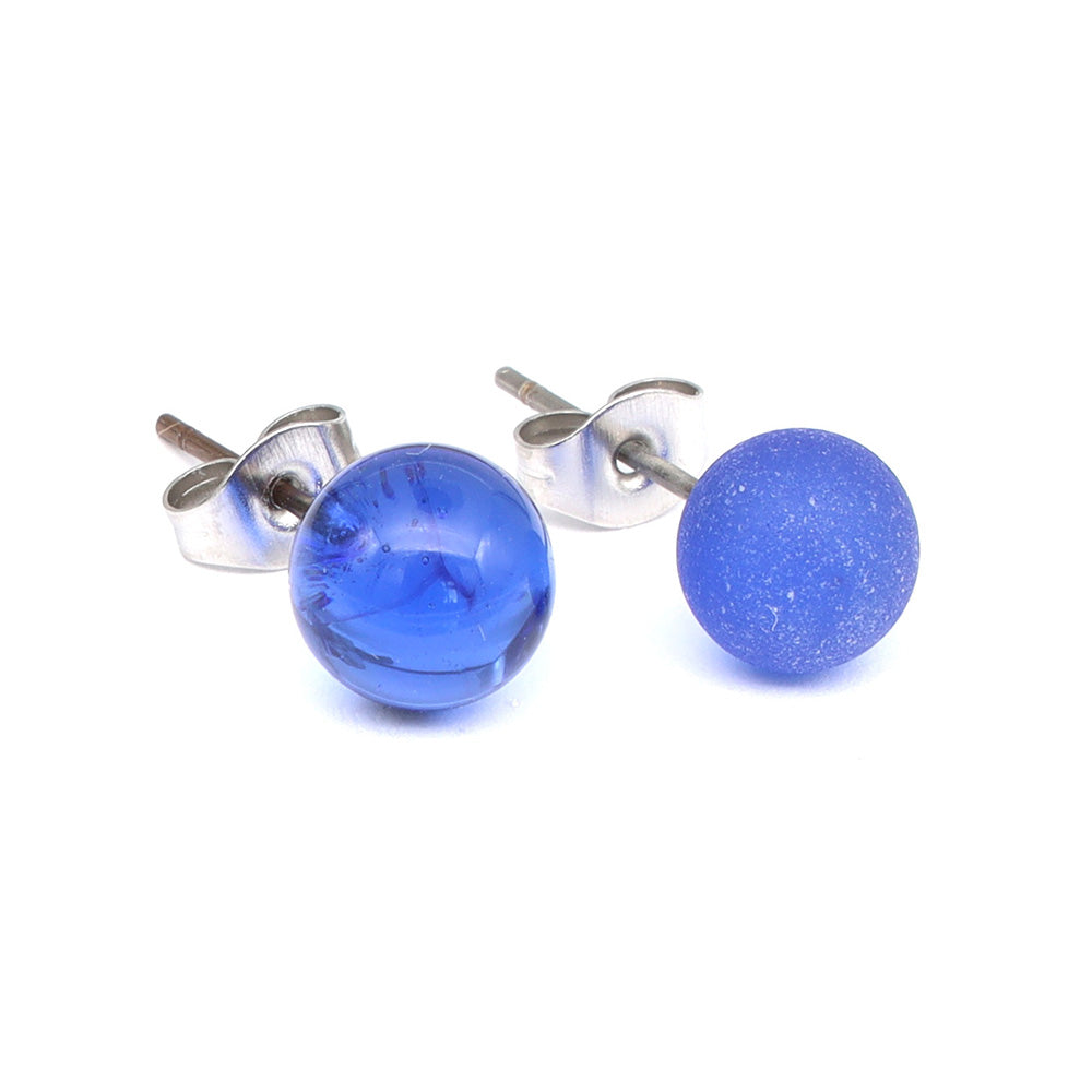 Frosted Transparent Mid Blue Glass Stud Earrings
