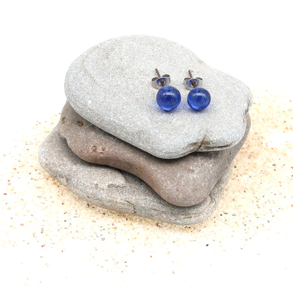 Shiny Transparent Mid Blue Glass Stud Earrings