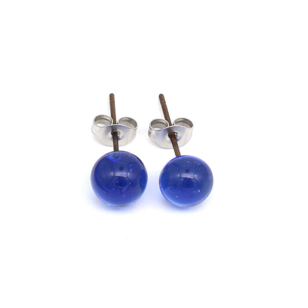 Shiny Transparent Mid Blue Glass Stud Earrings
