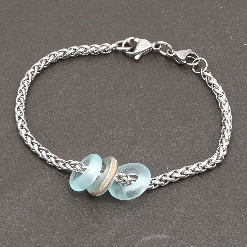 Bracelet with 3 Frosted Pale Blue Transparent Glass Beads