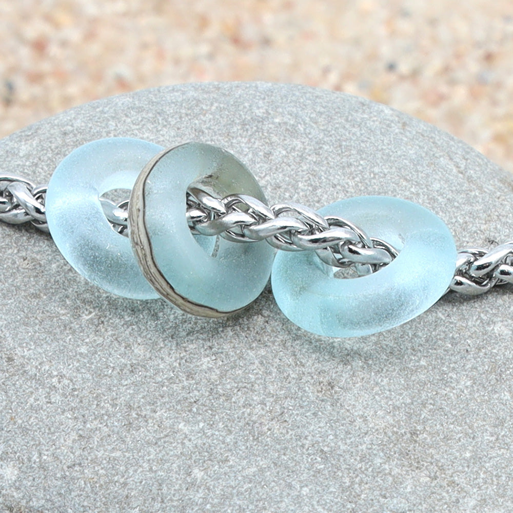 Bracelet with 3 Frosted Pale Blue Transparent Glass Beads