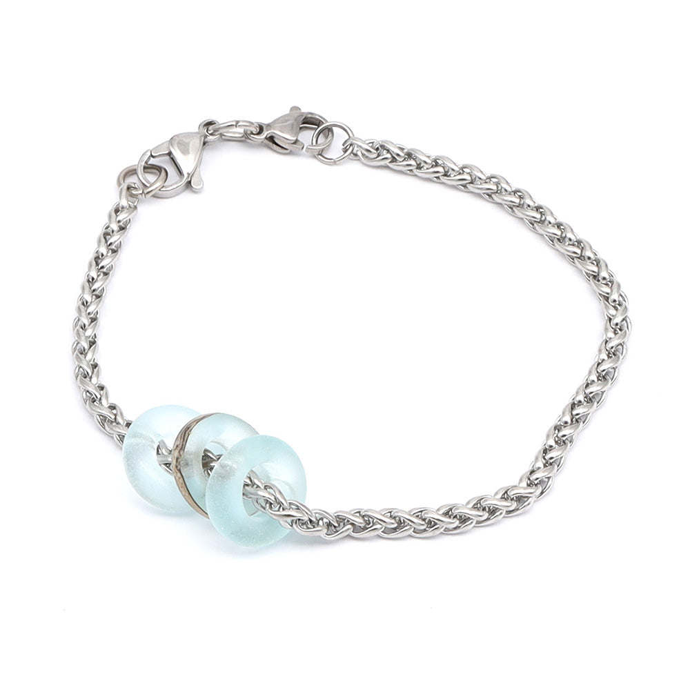 Bracelet with 3 Frosted Pale Blue Transparent Glass Beads
