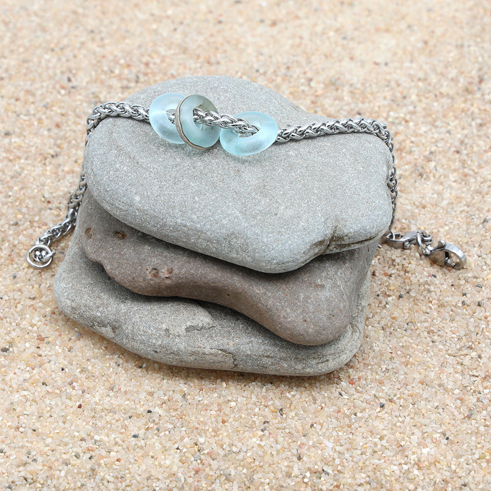 Bracelet with 3 Frosted Pale Blue Transparent Glass Beads