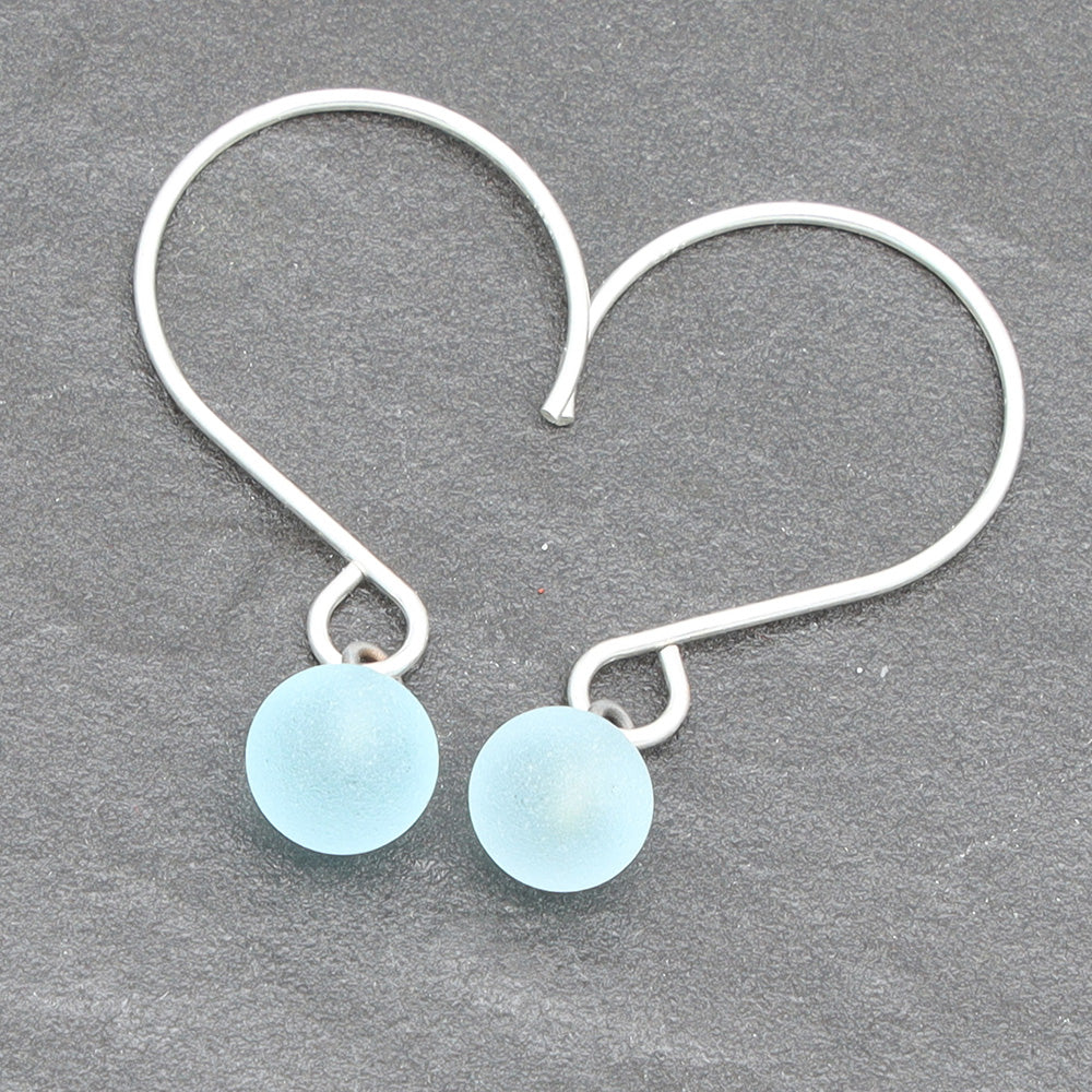 Frosted Pale Blue Tiny Ball Silver Hoop Earrings