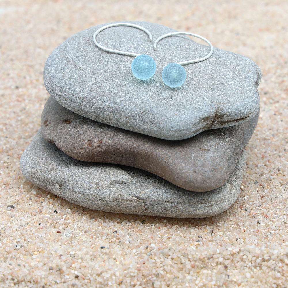 Frosted Pale Blue Tiny Ball Silver Hoop Earrings