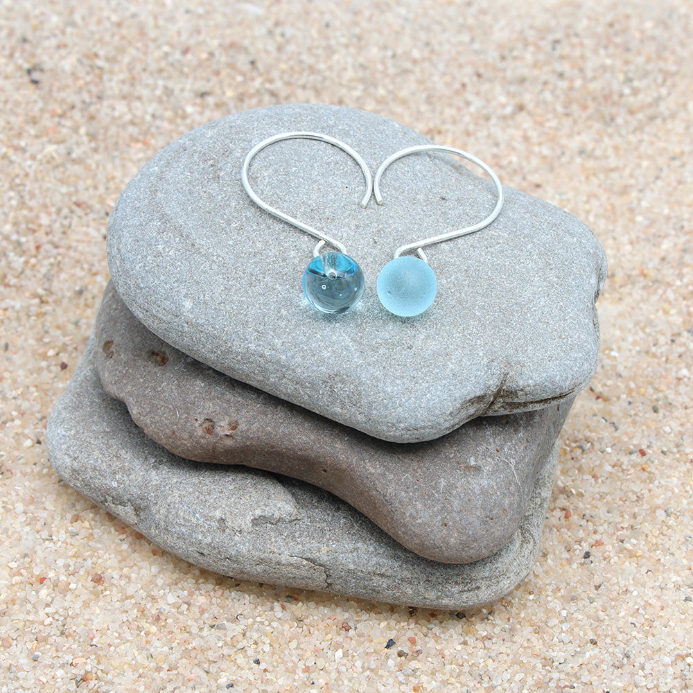 Shiny Pale Blue Tiny Ball Silver Hoop Earrings