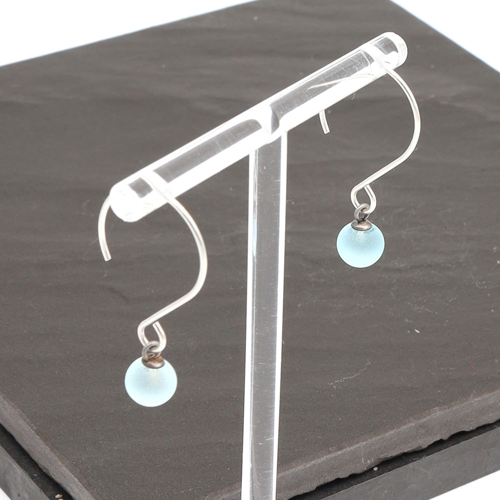 Frosted Pale Blue Tiny Ball Silver Hoop Earrings