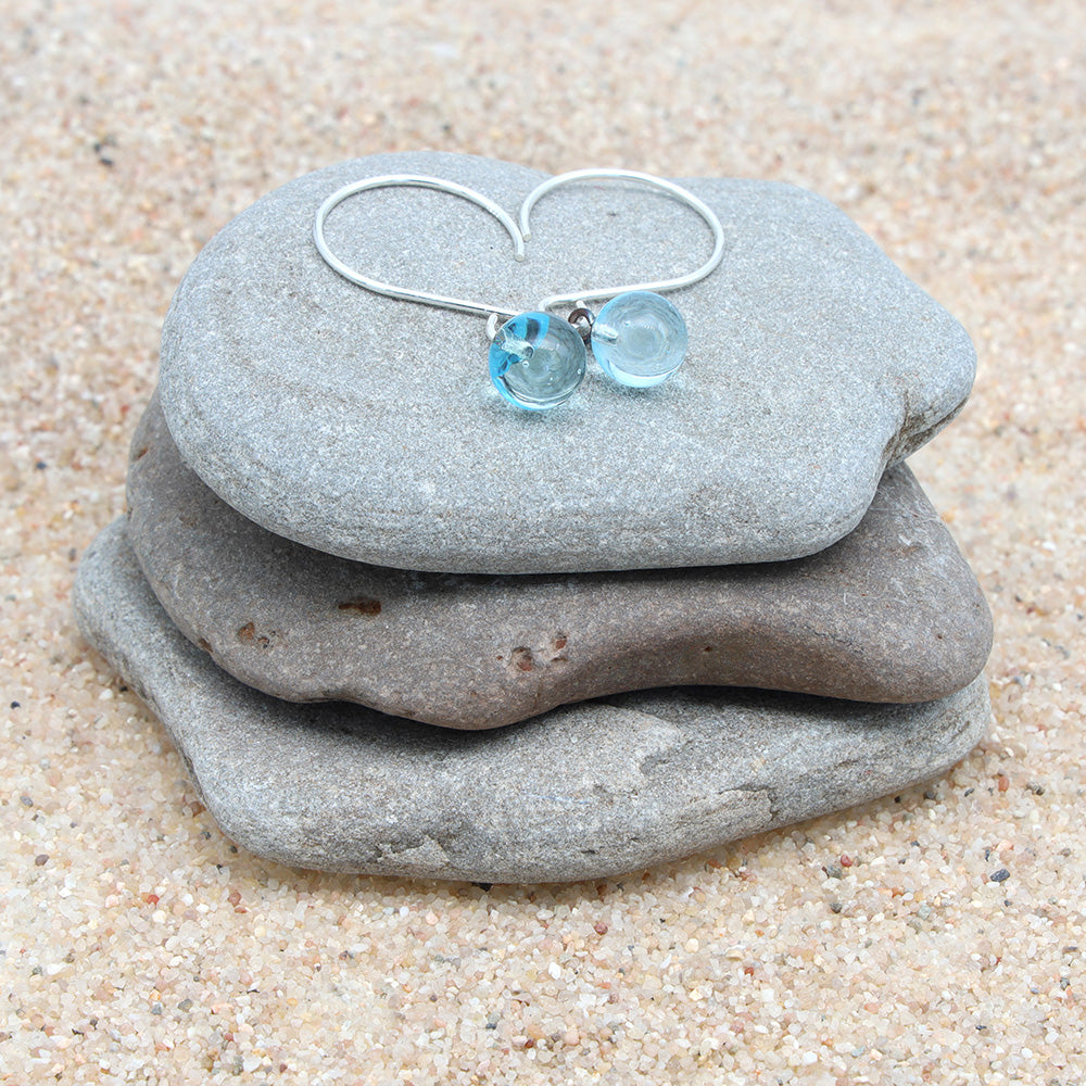 Shiny Pale Blue Tiny Ball Silver Hoop Earrings