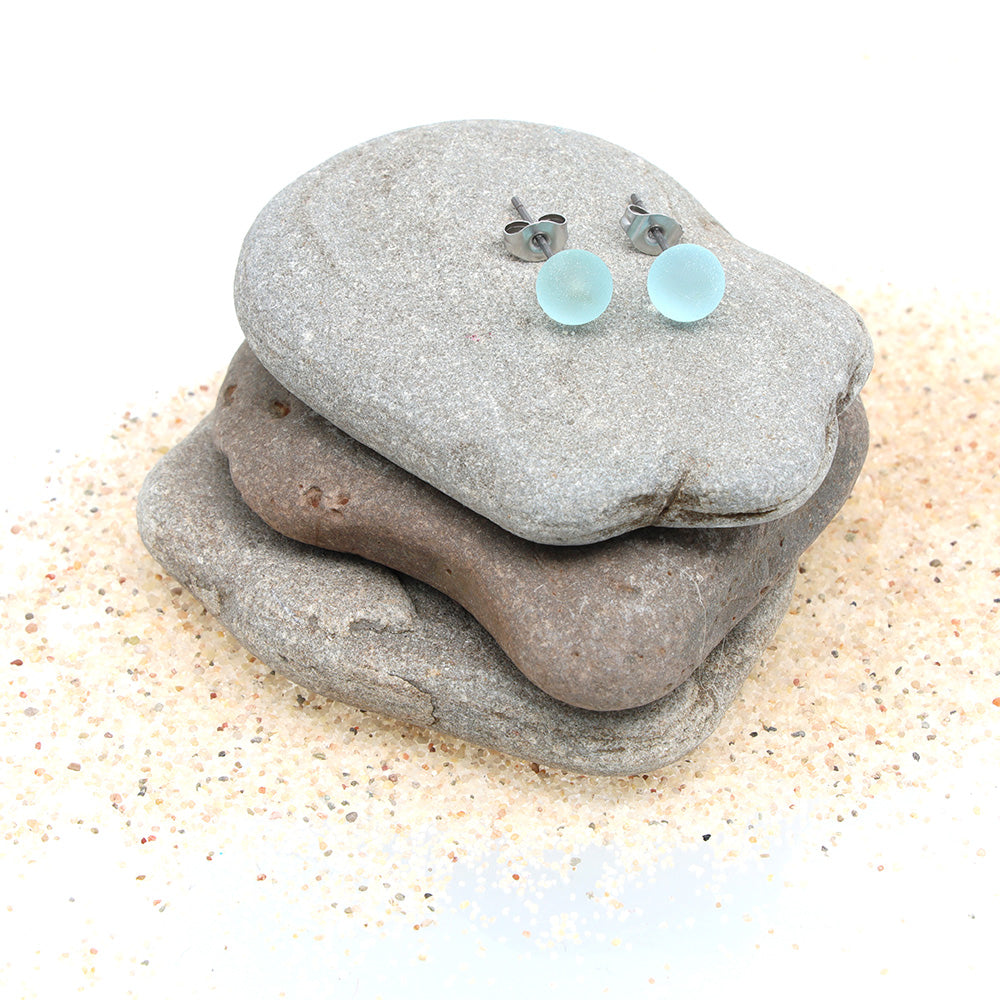 Frosted Transparent Pale Blue Glass Stud Earrings