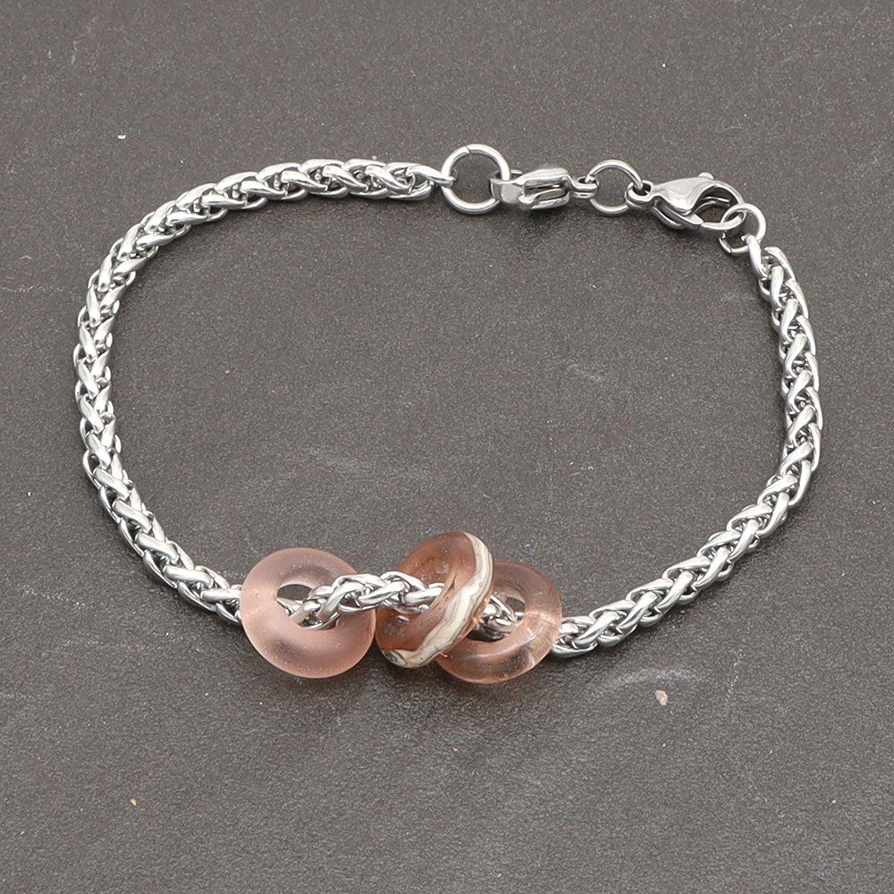 Bracelet with 3 Frosted Pink Transparent Glass Beads