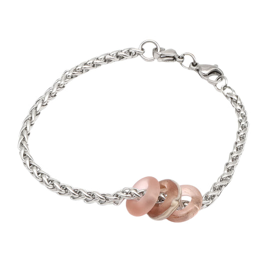 Bracelet with 3 Frosted Pink Transparent Glass Beads