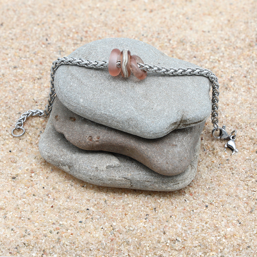 Bracelet with 3 Frosted Pink Transparent Glass Beads