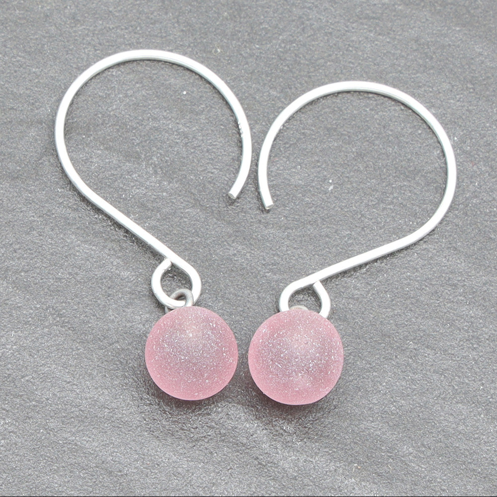 Frosted Pink Tiny Ball Silver Hoop Earrings