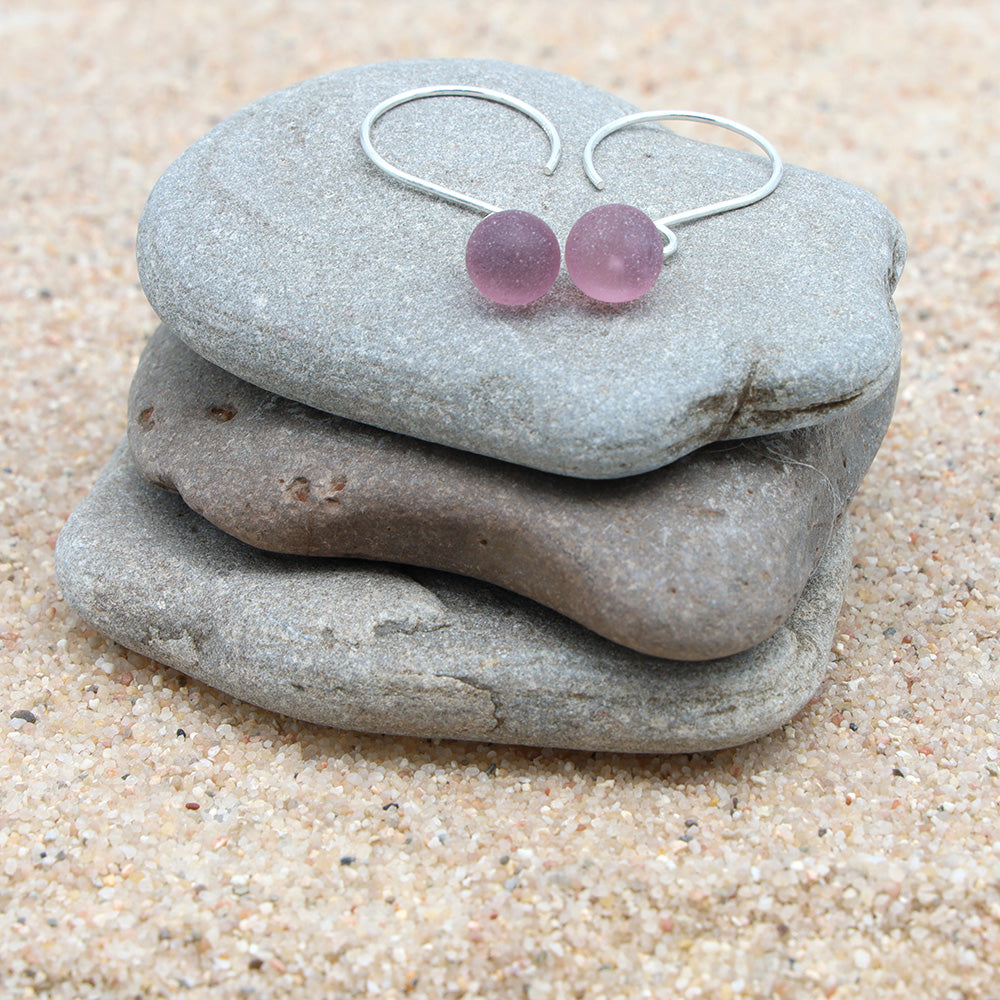 Frosted Pink Tiny Ball Silver Hoop Earrings