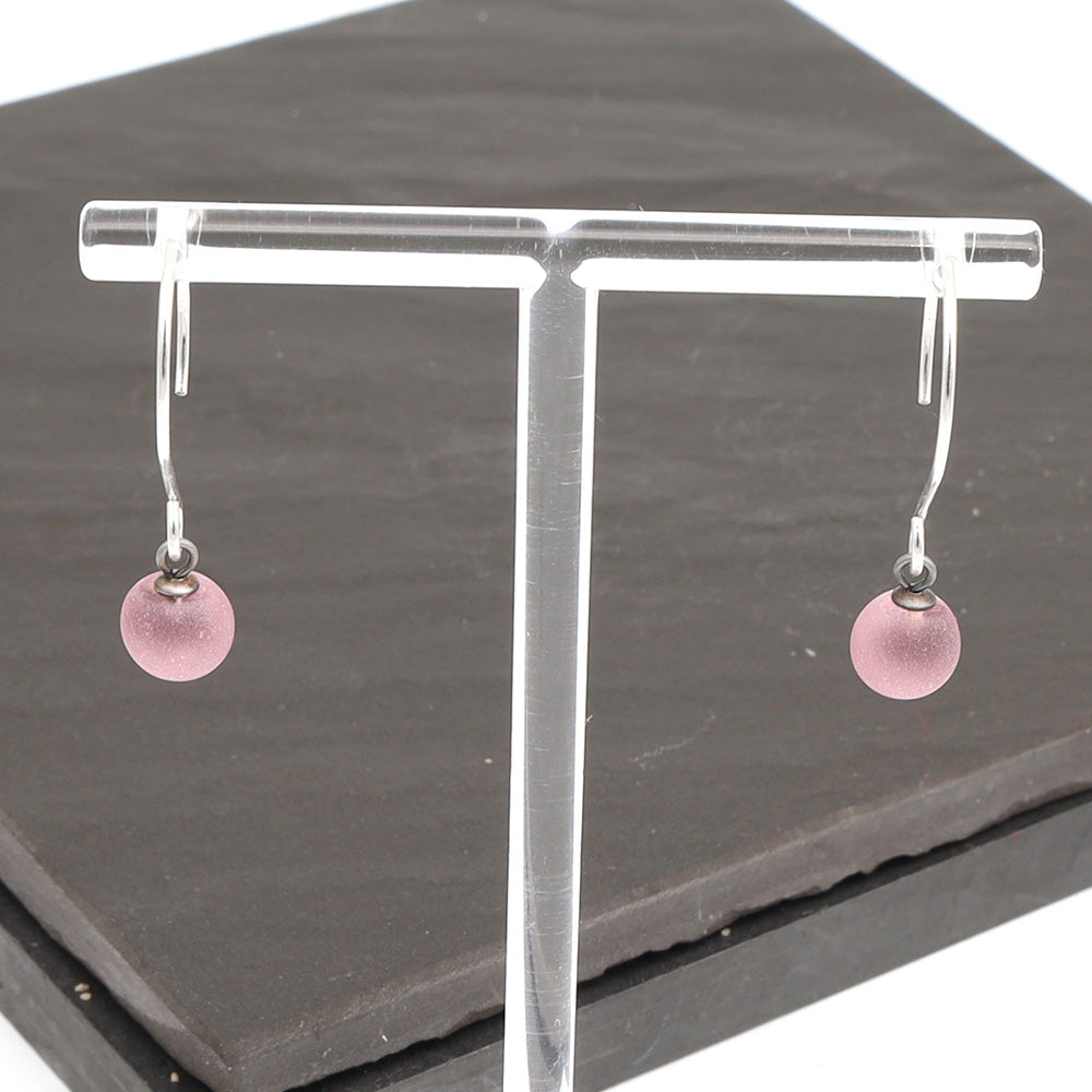 Frosted Pink Tiny Ball Silver Hoop Earrings