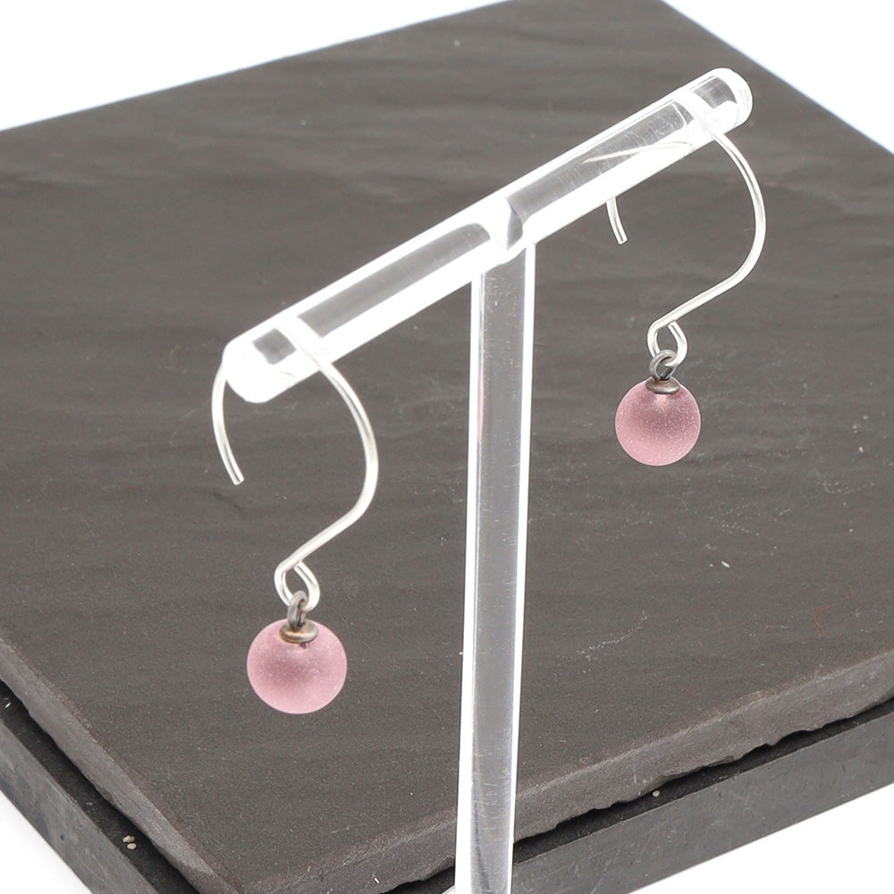 Frosted Pink Tiny Ball Silver Hoop Earrings