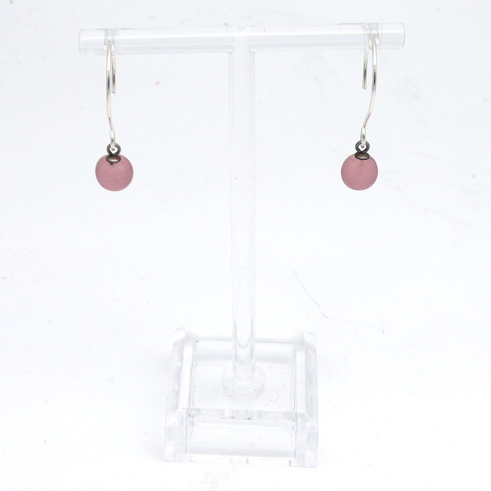 Frosted Pink Tiny Ball Silver Hoop Earrings