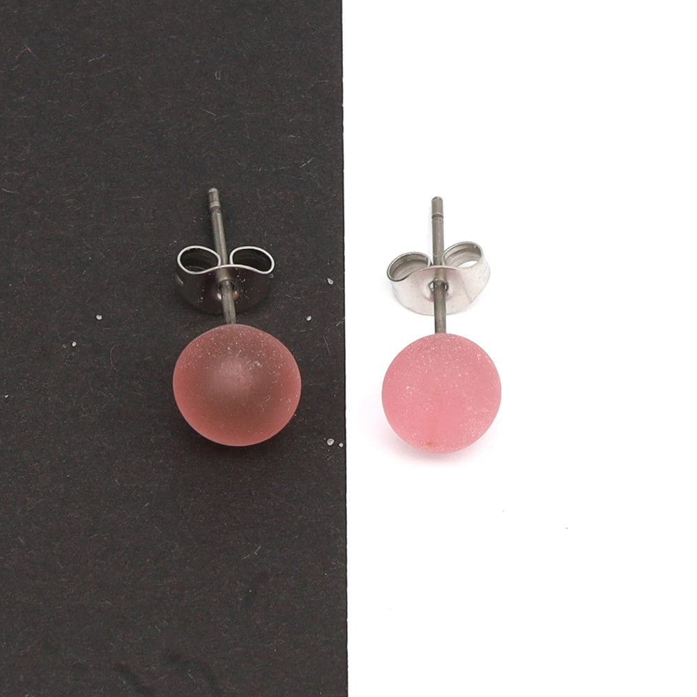 Frosted Transparent Pink Glass Stud Earrings