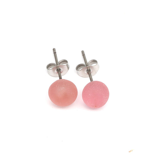 Frosted Transparent Pink Glass Stud Earrings