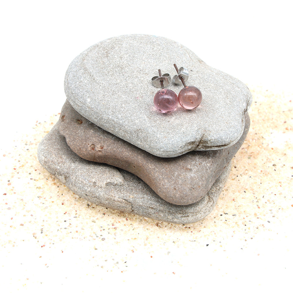 Shiny Transparent Pink Glass Stud Earrings