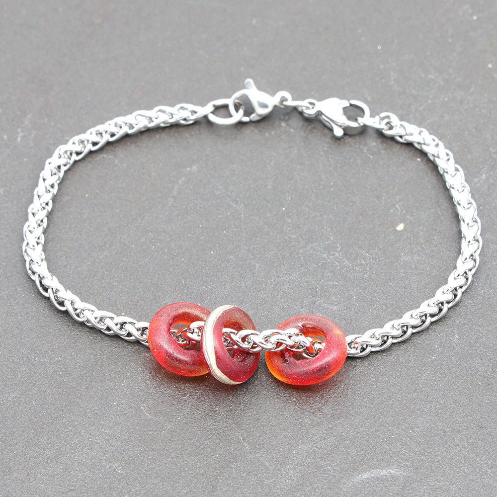 Bracelet with 3 Frosted Red Transparent Glass Beads