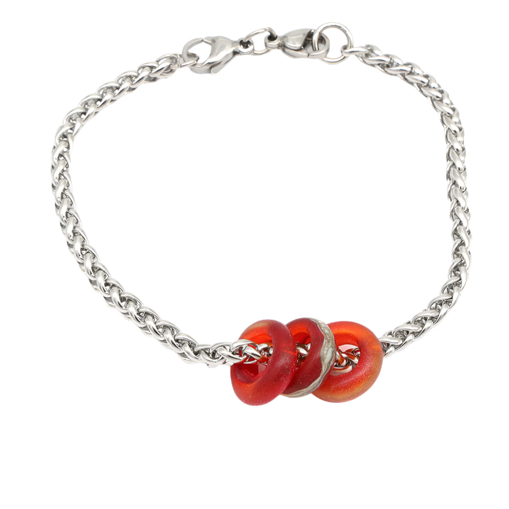 Bracelet with 3 Frosted Red Transparent Glass Beads