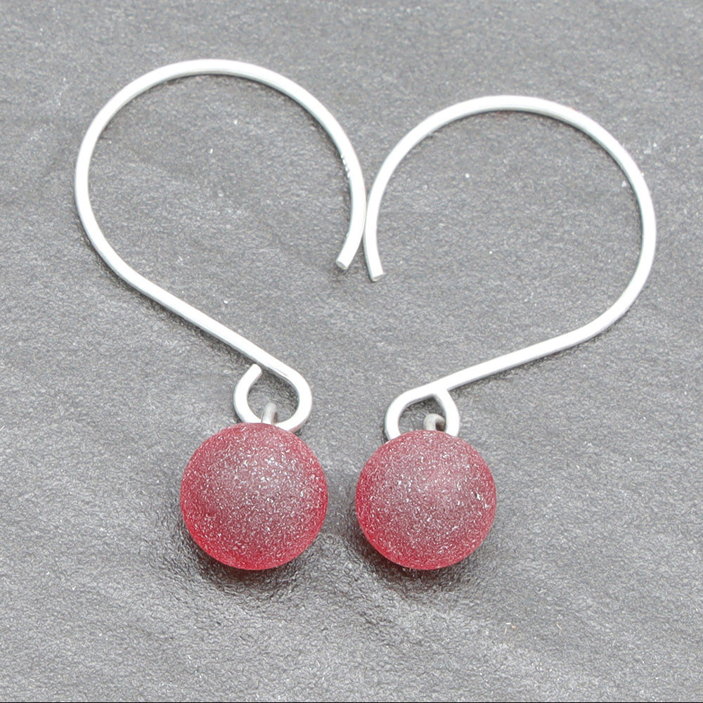 Frosted Red Tiny Ball Silver Hoop Earrings