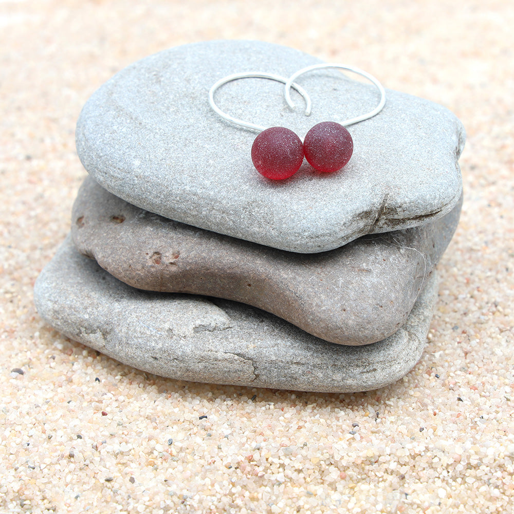 Frosted Red Tiny Ball Silver Hoop Earrings