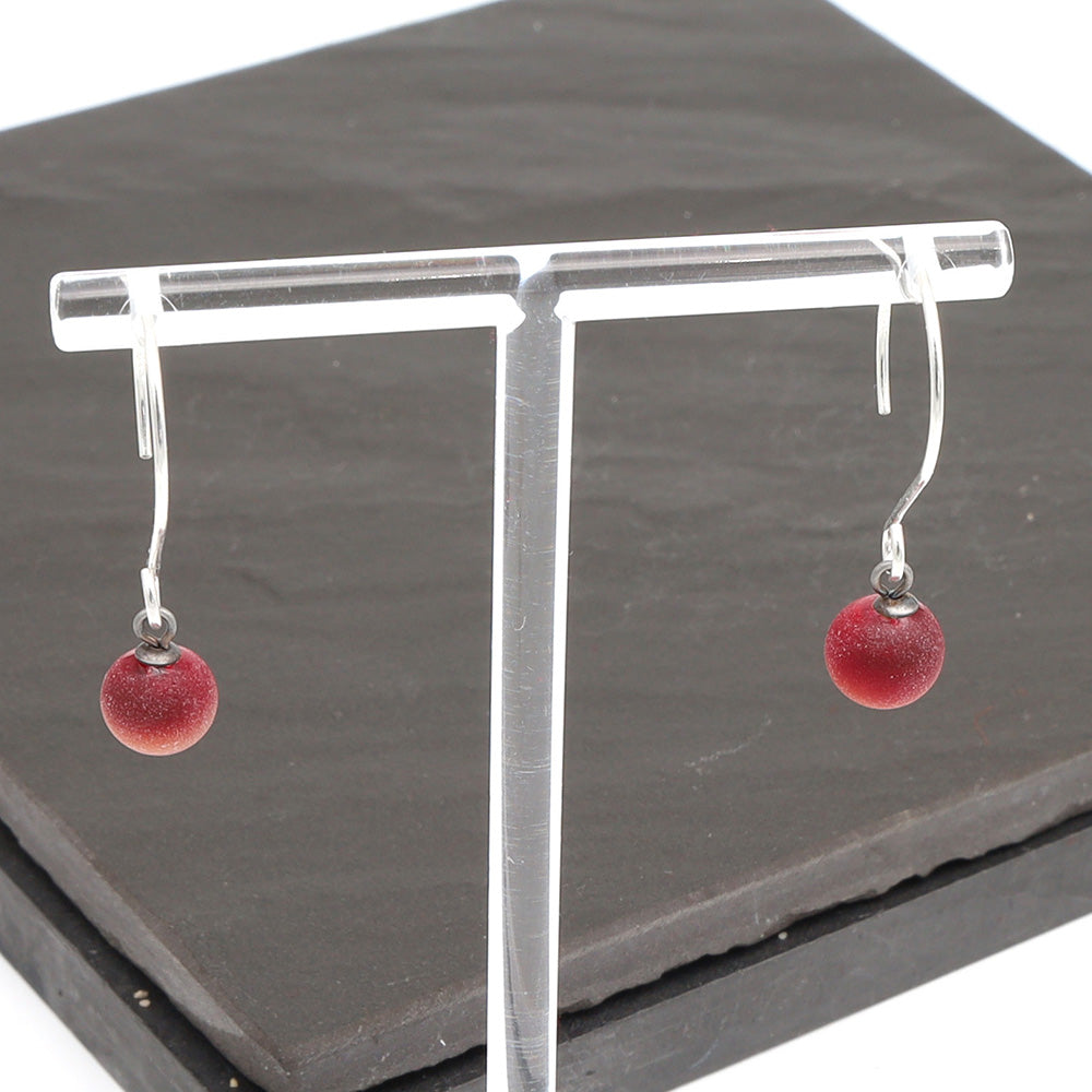 Frosted Red Tiny Ball Silver Hoop Earrings