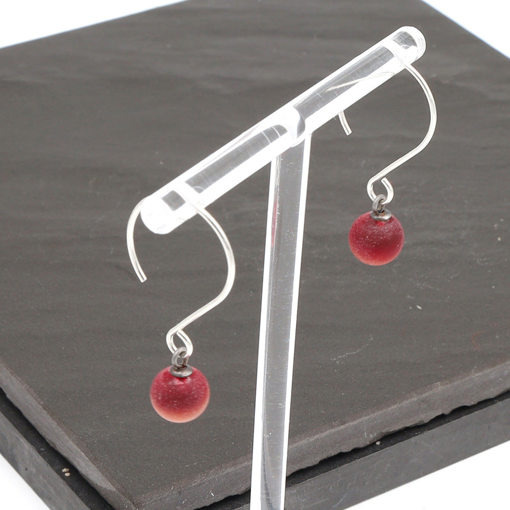 Frosted Red Tiny Ball Silver Hoop Earrings