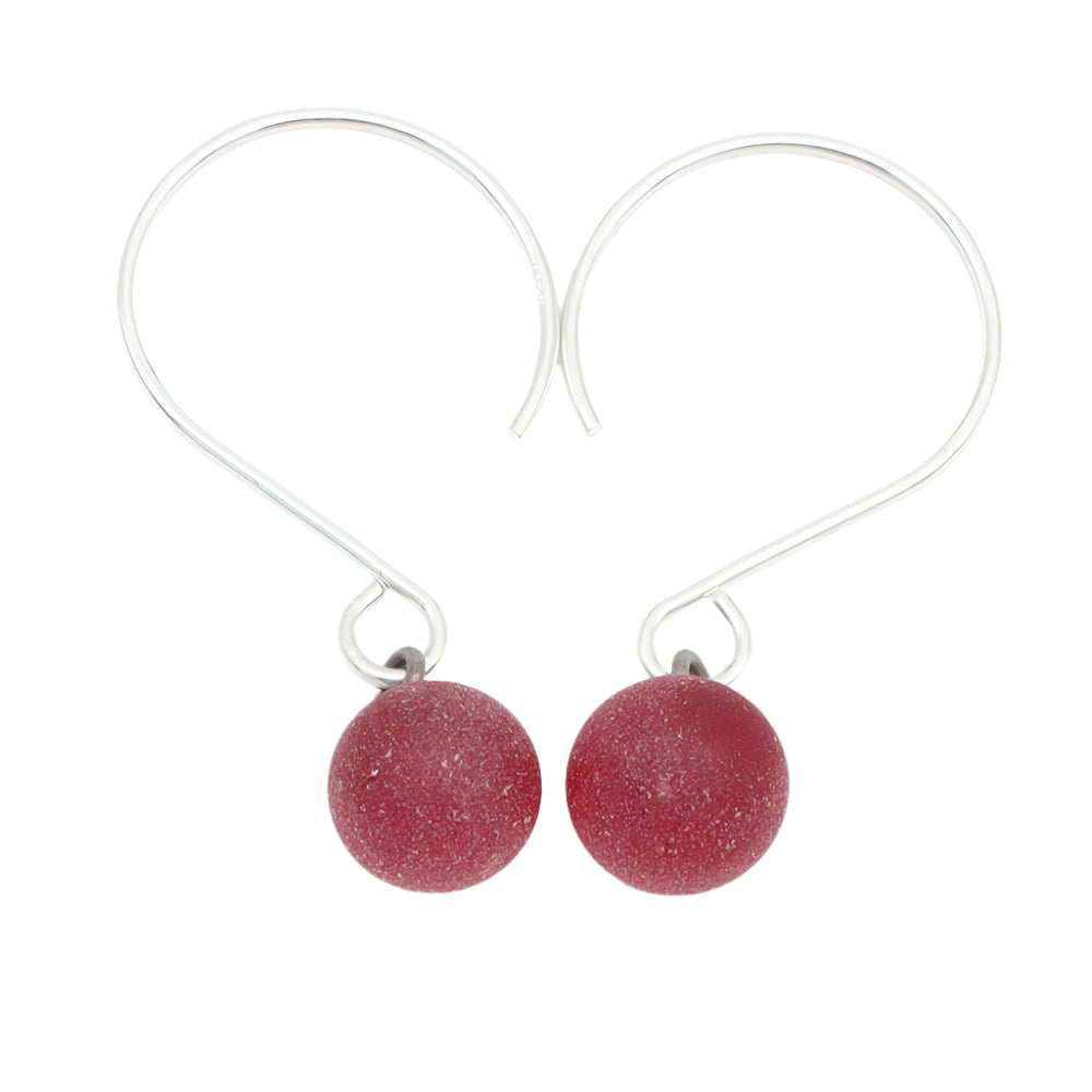Frosted Red Tiny Ball Silver Hoop Earrings