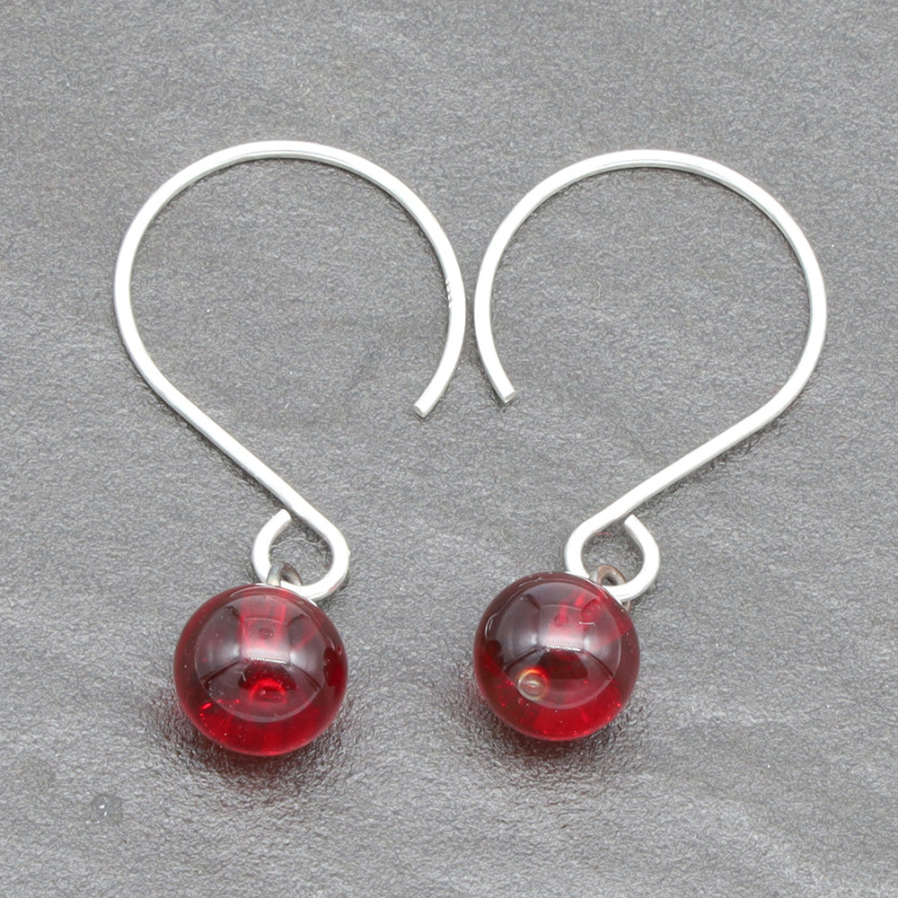 Shiny Red Tiny Ball Silver Hoop Earrings