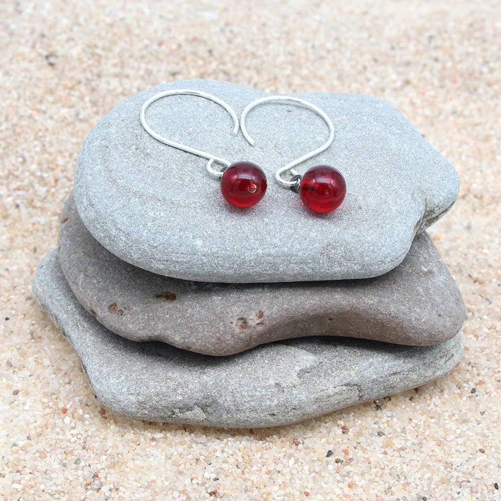 Shiny Red Tiny Ball Silver Hoop Earrings