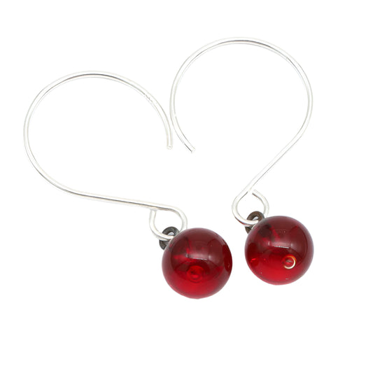 Shiny Red Tiny Ball Silver Hoop Earrings