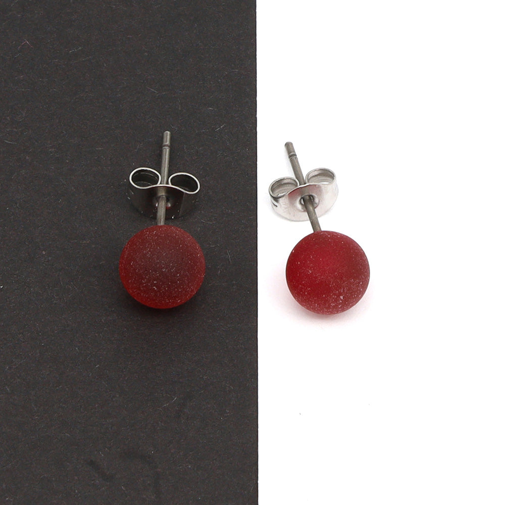 Frosted Transparent Red Glass Stud Earrings