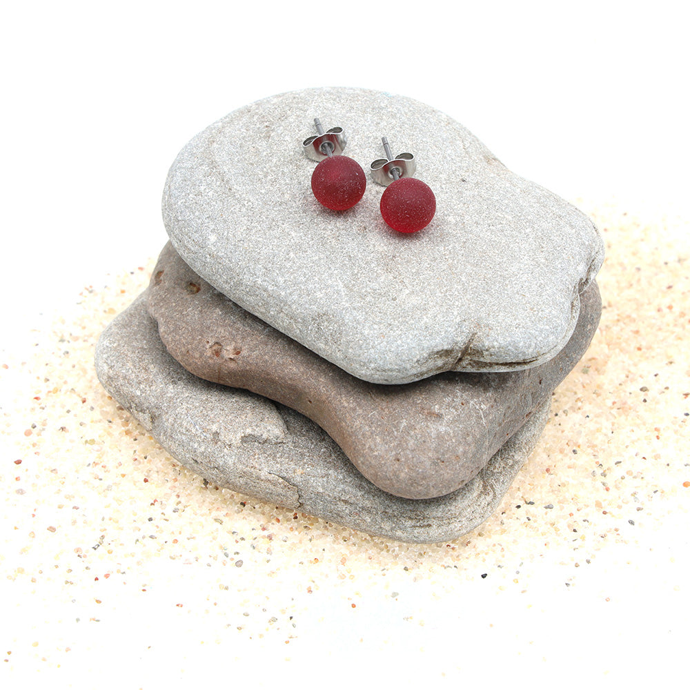 Frosted Transparent Red Glass Stud Earrings