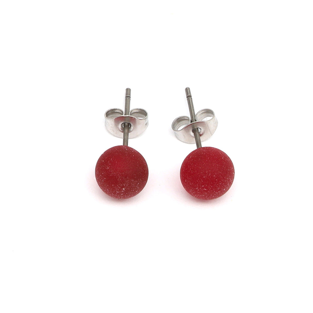 Frosted Transparent Red Glass Stud Earrings