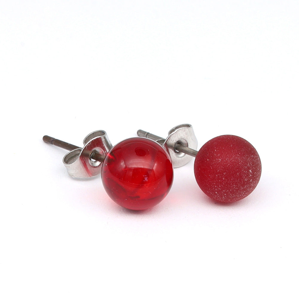 Frosted Transparent Red Glass Stud Earrings