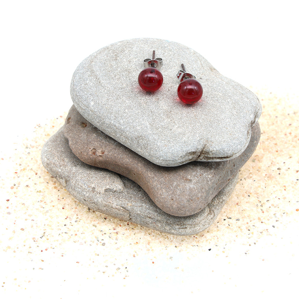 Shiny Transparent Red Glass Stud Earrings