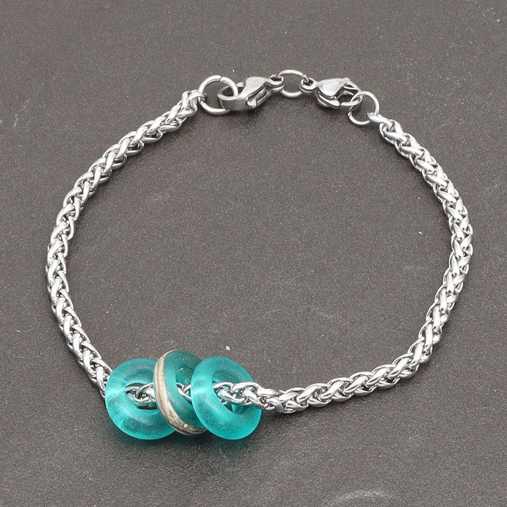 Bracelet with 3 Frosted Teal Transparent Glass Beads